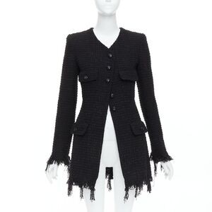 CHANEL 22C Runway black tweed fringe trim 4 pocket long jacket FR36 S